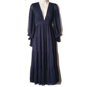NWT Madewell Clipdot Tie-Sleeve Tiered Midi Dress 00 Navy Purple AL287